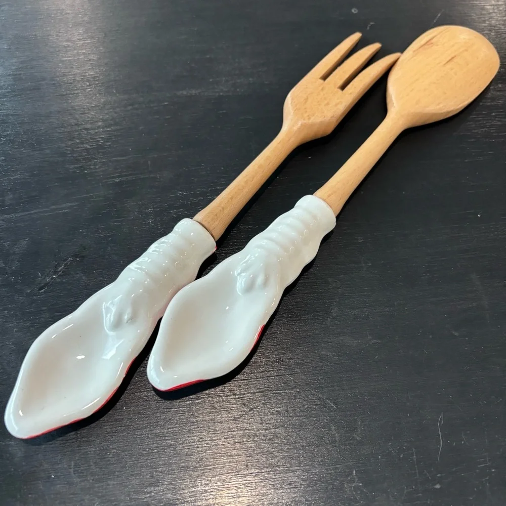 Vietri Italian Wooden Salad Spoon and Fork with Hand painted Ceramic Handle